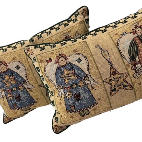 🛍️2 for $25 Sale🛍️ Angel Tapestry Pillow VTG of 2 "Angels Among Us" Christmas - Picture 1 of 8